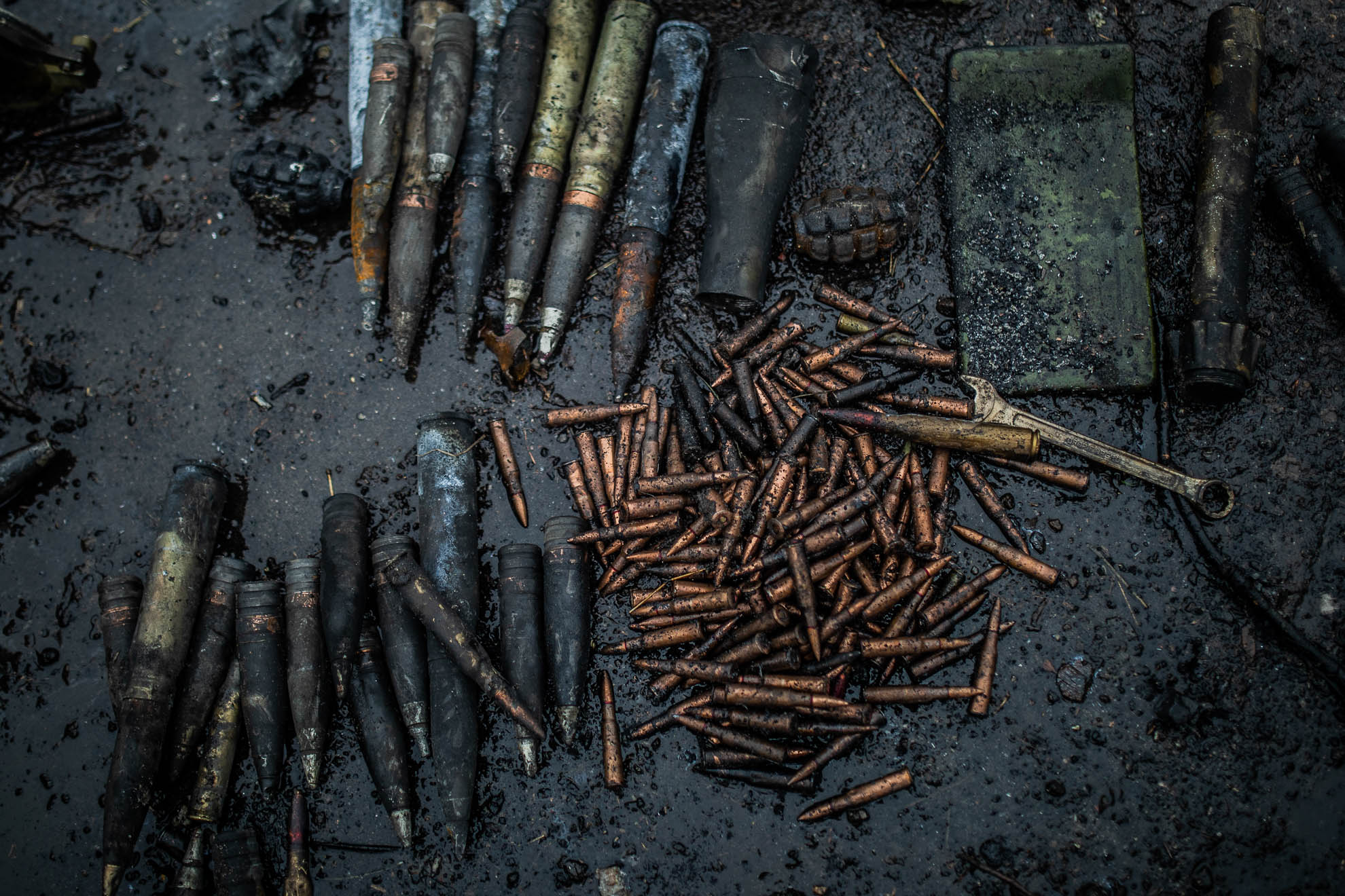 Ammunition recovered by Ukrainian security forces from destroyed Russian tanks on one of the roads leading to the localities of Irpin and Bucha, April 1, 2022.